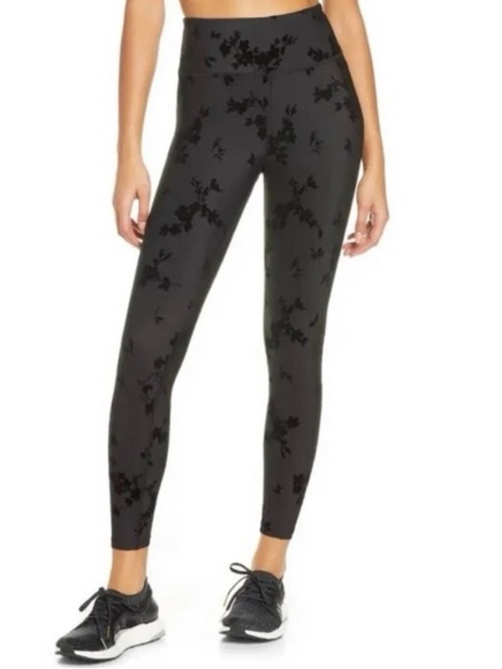 Soul cycle velvet flocked floral print black athletic leggings